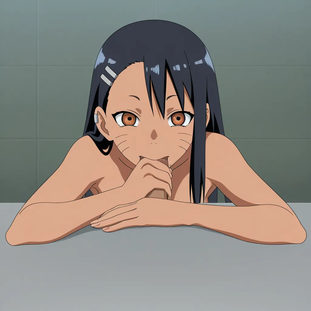 Naruto Uzumaki, Hayase Nagatoro, nude,poolside pose, blowjob, table,, (anime style:1.3), 2d, anime screencap, cel shading, flat color