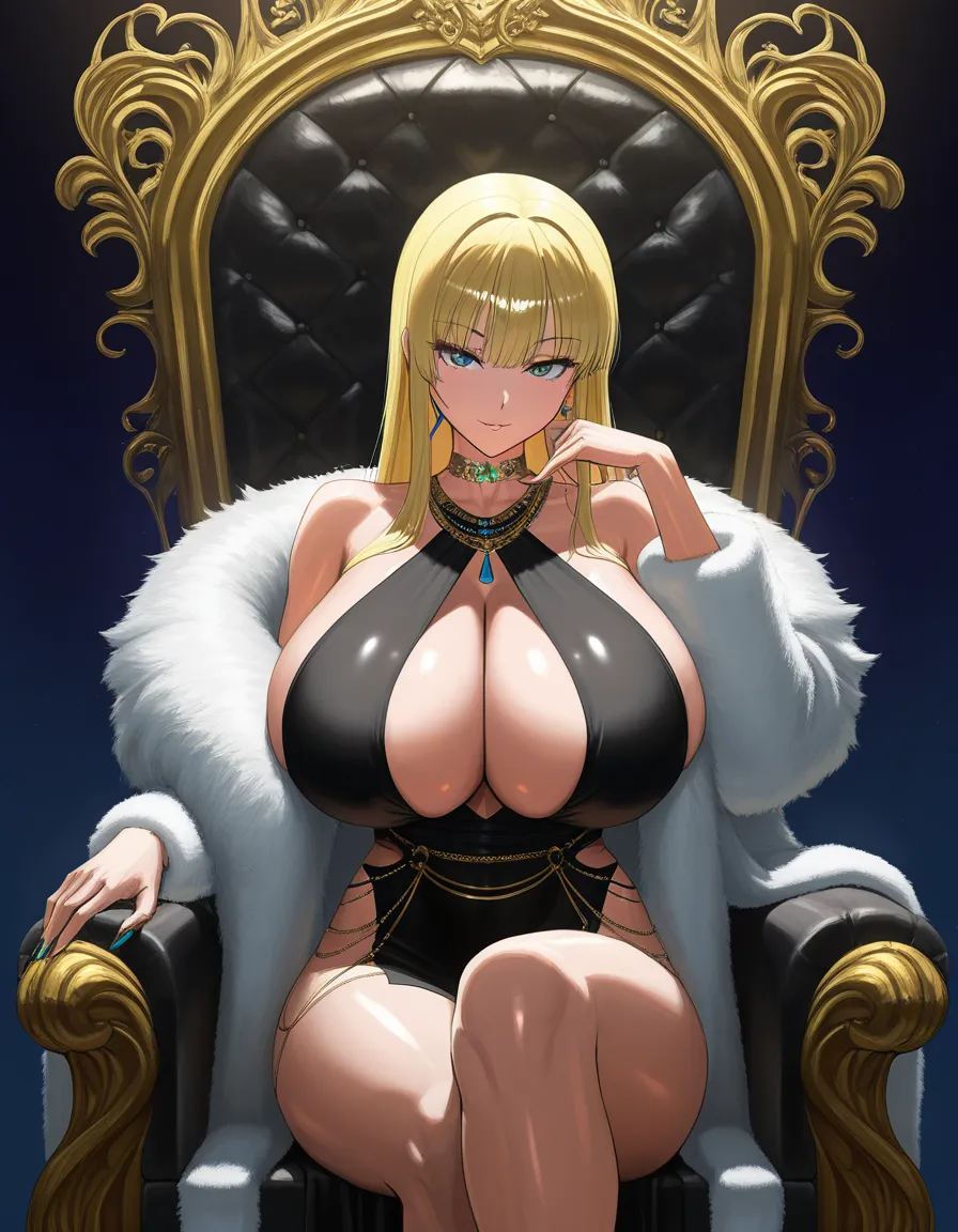 (hot busty beauty girl), 24yo supermodel LUC1LL3, short stylish hair, beauty face, huge breasts, sit seductive on a throne, fur coat, jewelry, romantic gaze, dynamic pose, sexy environment, hentai_studio_quality
