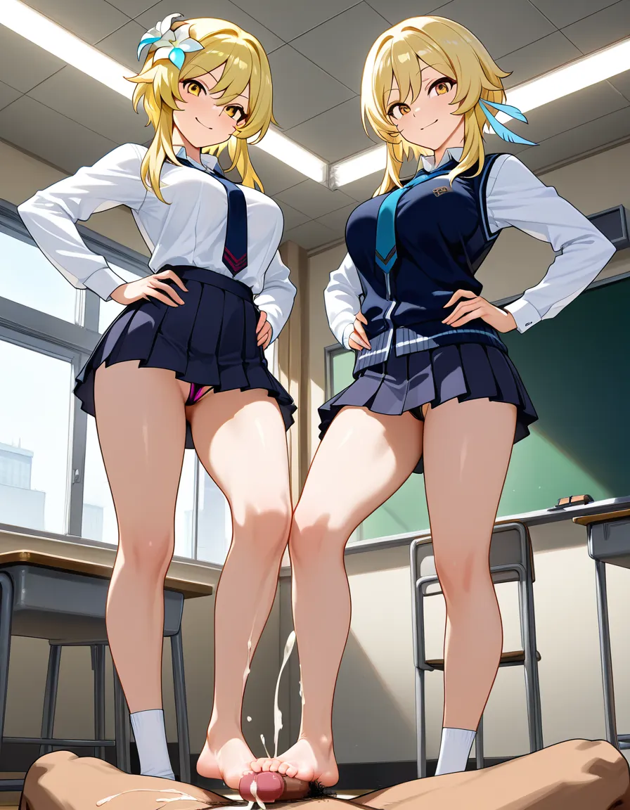 lumine, school_uniform, classroom, seductive_smile, standing, footjob, cum, hands_on_own_hips, g-string, miniskirt, hentai_studio_quality