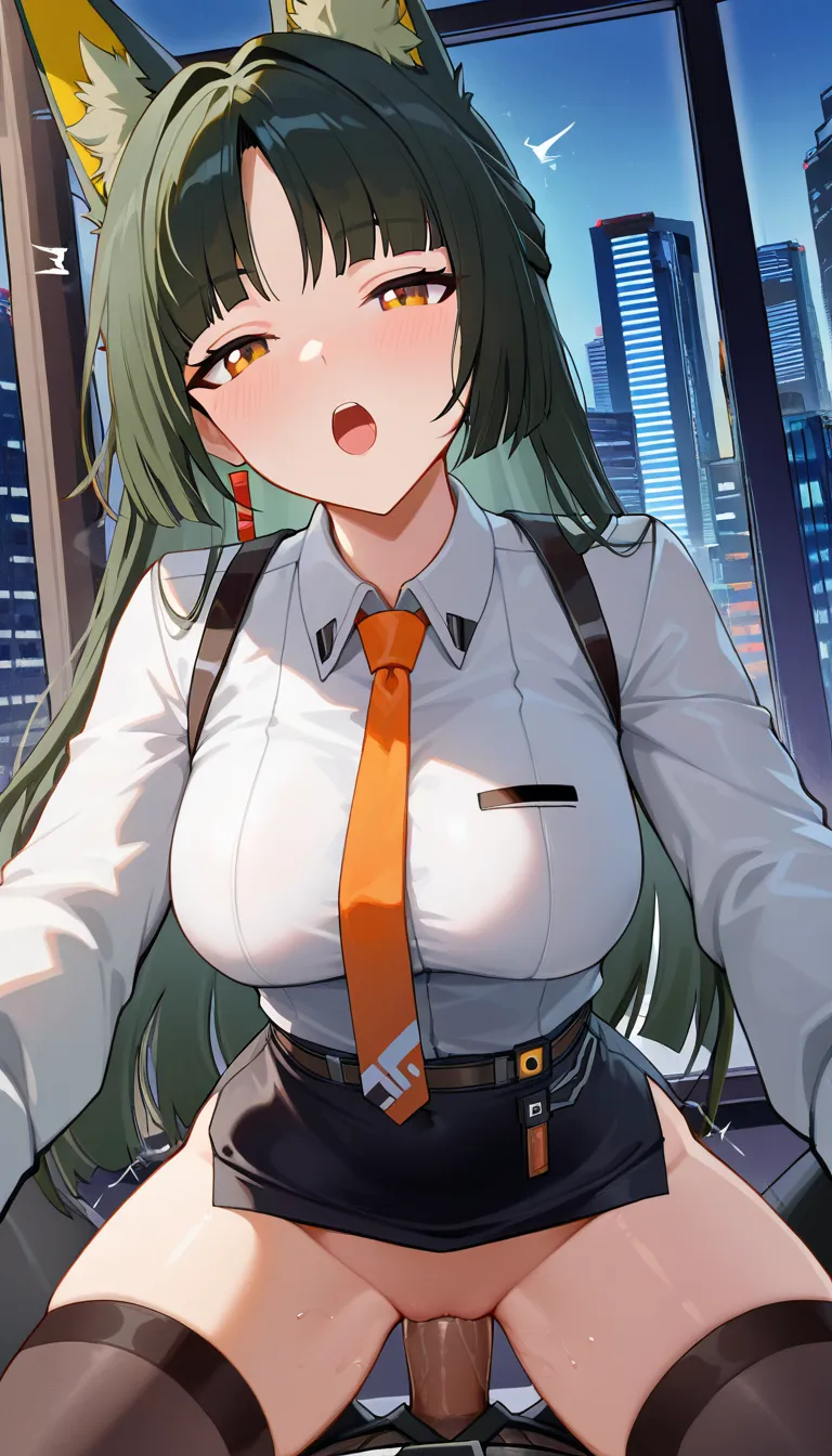 masterpiece, no zzz, no z, picture , zenless zone, hoshimi miyabi, natural medium_breasts not hanging, outfit, open mouth, sideway look, lean back, breats are hidden, thigh-high socks, no skirt, pov vaginal sex, pov light no hair cock, riding pov, fun moaning, city window background, no panties, look at viewer, cameltoe, smile,, heart eyes, dont hentai_studio_quality out of prompt, hentai_studio_quality, hentai_studio_quality, hentai_studio_quality, hentai_studio_quality, hentai_studio_quality, hentai_studio_quality, hentai_studio_quality