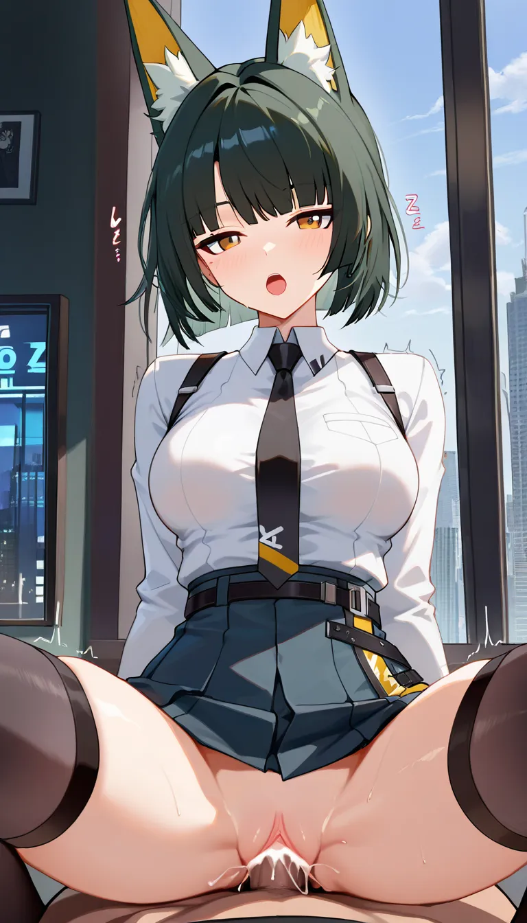 masterpiece, no zzz, no z, picture , zenless zone, hoshimi miyabi, natural medium_breasts not hanging, outfit, open mouth, sideway look, lean back, breats are hidden, thigh-high socks, no skirt, cum, pov vaginal sex, pov light no hair cock, riding pov, fun moaning, city window background, no panties, look at viewer, cameltoe, smile,, heart eyes, dont hentai_studio_quality out of prompt, hentai_studio_quality, hentai_studio_quality, hentai_studio_quality, hentai_studio_quality, hentai_studio_quality, hentai_studio_quality, hentai_studio_quality, hentai_studio_quality, hentai_studio_quality, hentai_studio_quality, hentai_studio_quality, hentai_studio_quality
