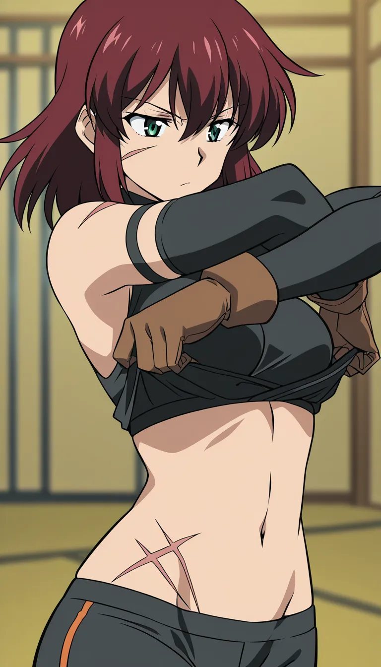 highres, sharp lines, fitness model, undressing, scar, gloves, blurry background, anime style