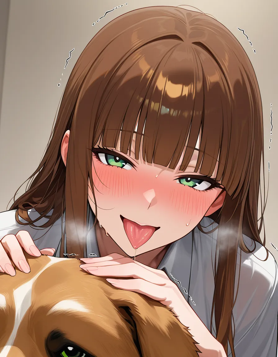 green_eyes blunt_bangs brown_hair long_hair mature_female blush sweat drooling tongue_out seductive_smile trembling, heavy_breathing, petting a blushing and drooling dog, hentai_studio_quality