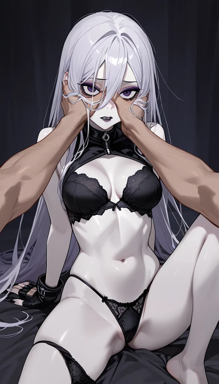 Uhd Masterpiece 8k highly detailed, 1girl 1boy, goth slim short slender girl with pale skin, long White hairs falling and covering her face, dark purple eyeshadow, dark lips, she wears long stocky dark fingerless_gloves, black cloth bra, micro black panties on leg panties_around_one_leg, kneehighs belt, she getting fucked from behind in the ass by big fat hairy male, sex_from_behind, standing_sex, hands against stove, small forward lean, big fat naked male, size_difference, expression less, rough sex, realistic, expressionless