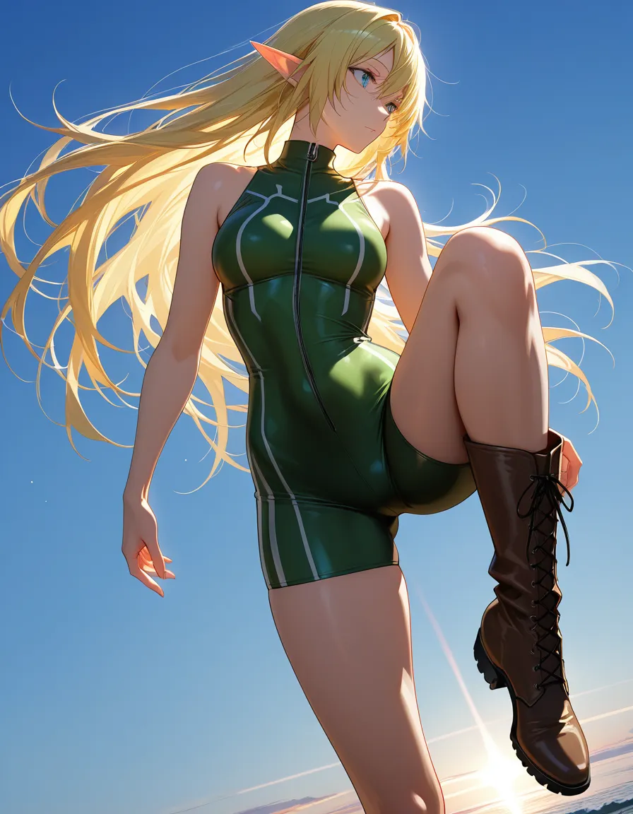 highly detailed, natural lighting, elf girl, bare arms, boots, leg up, blue sky, dutch angle, backlit, RAW photo, hentai_studio_quality