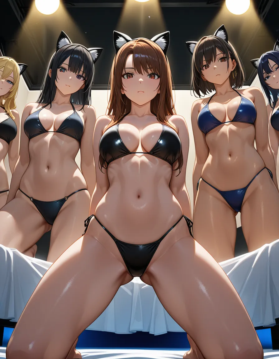 cinematic photo, 8k, 4girls, fake animal ears, swimsuit, kneeling on bed, beach, from below, spotlight, natural skin texture, hentai_studio_quality