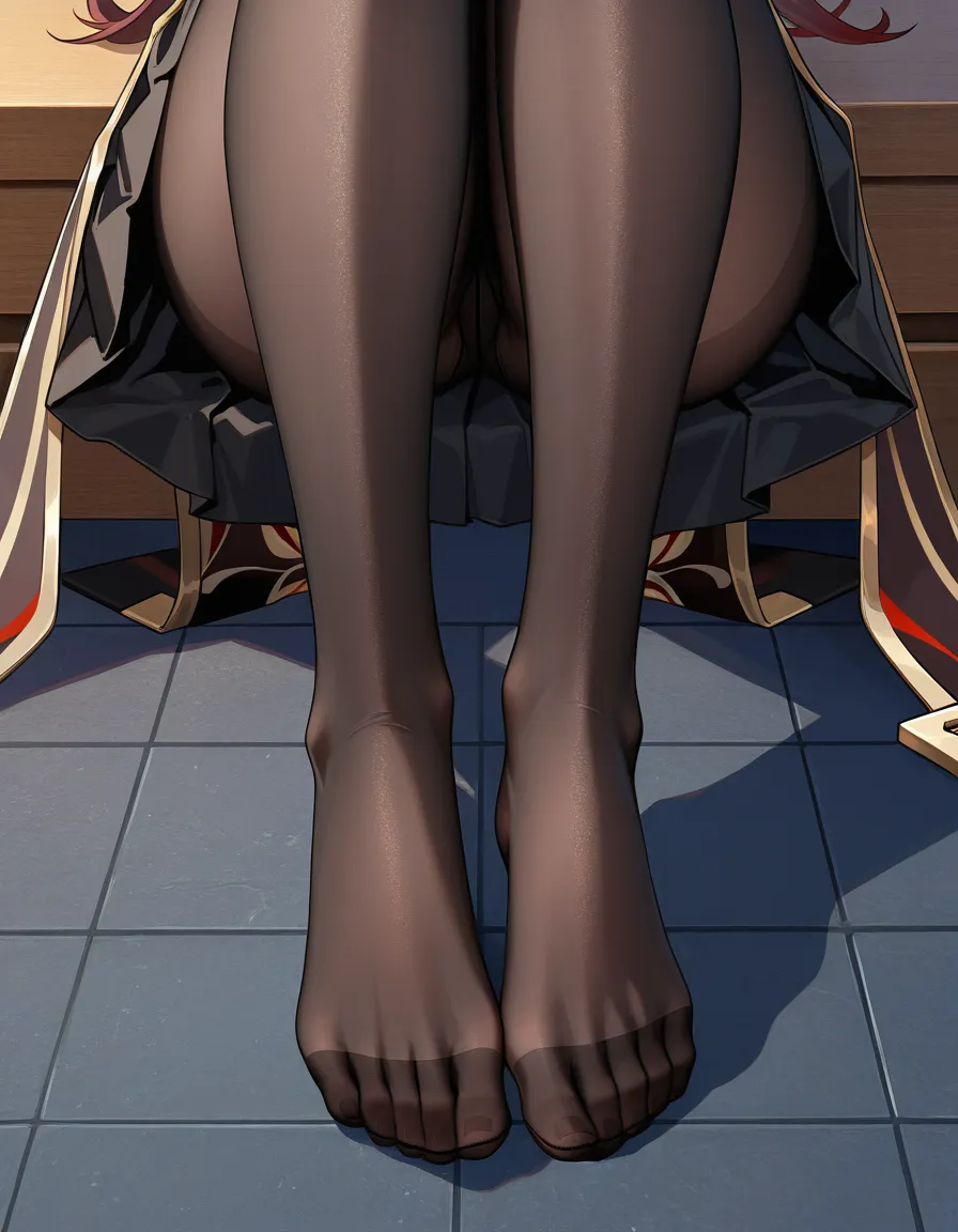@hu_tao_(genshin_impact) #feet #black_gloves #black_pantyhose #choker #skirt #kiss #cat_ears #feet feet in frame, hentai_studio_quality