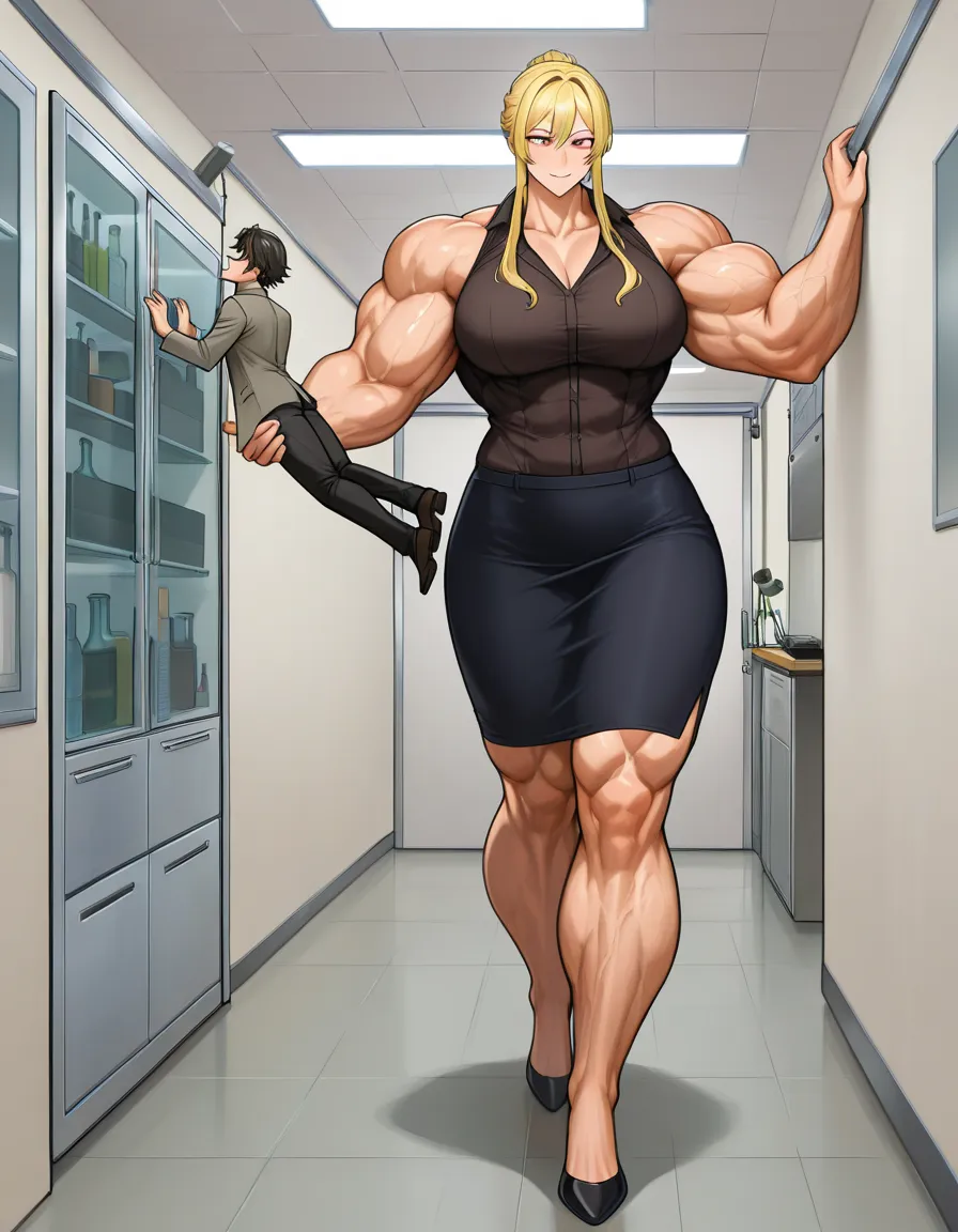 Giant muscular_female, petite male, male stubble, adults, extreme size_difference, femdom, female blonde_hair short_hair_with_long_locks , lab, male scientist, female torn_clothes skirt, walking , cornered male against_wall, female carrying male, male legs_up, assertive_female, intimate, dominant female, nervous blush male looking_up , female leaning_back, breast_press, male black medium_hair, female abs, female big biceps, female big shoulders, female thick_thighs, female huge_ass, female wide_hips, huge_breasts, gigantic tall female, male narrow_waist, lightweight male, domination, eye_contact, aged_up, hentai_studio_quality