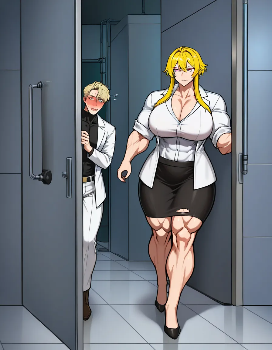 Giant muscular_female, petite male, male stubble, adults, extreme size_difference, femdom, female blonde_hair short_hair_with_long_locks , lab, male scientist, female exiting cryo chamber, female torn_clothes skirt, female walking , cornered male against_wall, assertive_female, nervous blush male looking_up , female leaning_back, breast_press, male black medium_hair, female abs, female big biceps, female big shoulders, female thick_thighs, female huge_ass, female wide_hips, huge_breasts, gigantic tall female, male narrow_waist, lightweight male, domination, eye_contact, aged_up, hentai_studio_quality