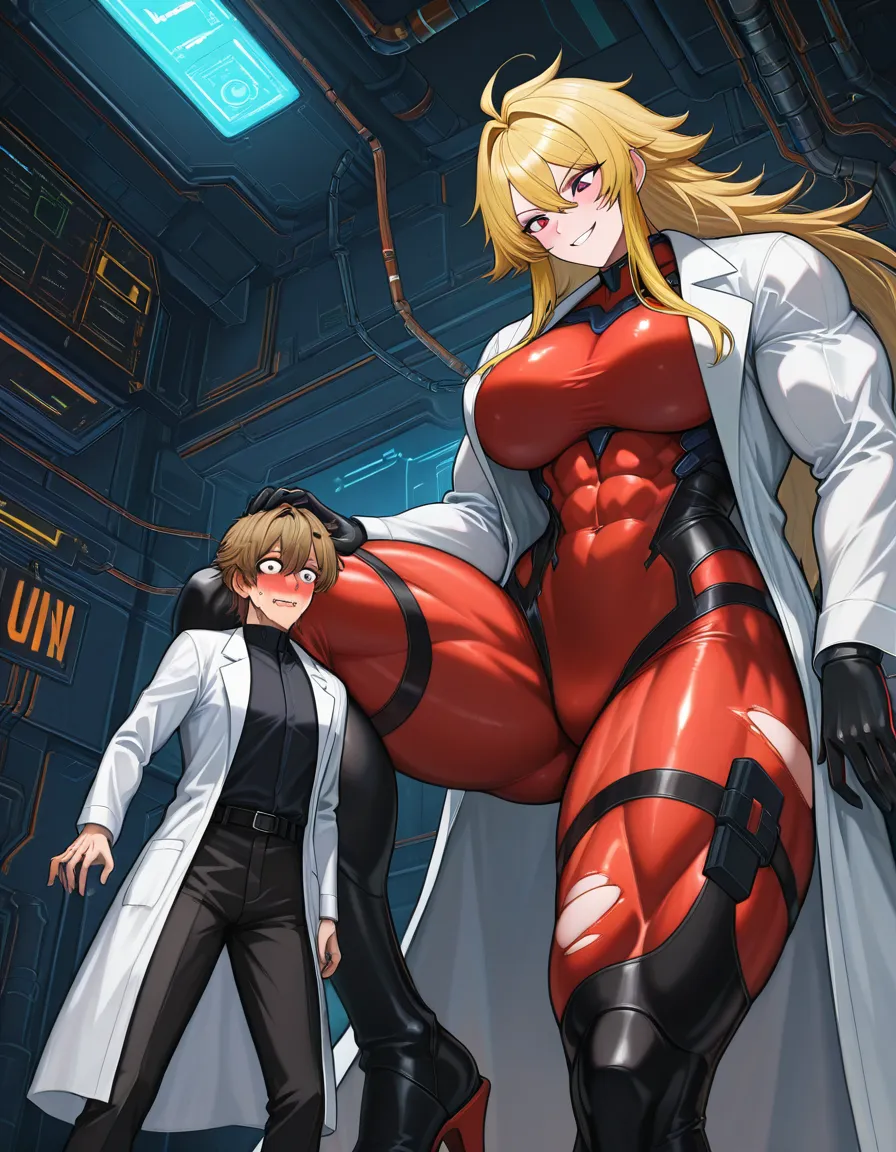 Giant muscular_female, petite male, male stubble, adults, extreme size_difference, femdom, male lab_coat, female test experiment, female torn_clothes bodysuit, female blonde_hair short_hair_with_long_locks , underground lab, science_fiction , cornered male against_wall, assertive_female, nervous blush male looking_up , breast_press, male black medium_hair, female abs, female big biceps, female big shoulders, female thick_thighs, female huge_ass, female wide_hips, huge_breasts, gigantic tall female, male narrow_waist, lightweight male, domination, eye_contact, aged_up, hentai_studio_quality