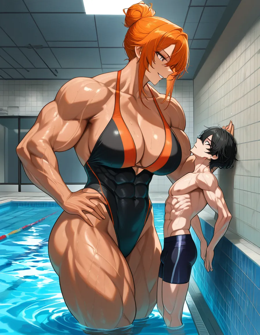 Giant muscular_female, short petite adult male, extreme size_difference, height_difference, female orange_hair short_hair hair_bun, swimwear, pool, cornered male pinned against_wall, assertive_female, intimate, dominant female looking_at_another, stunned male, male looking_up , male black medium_hair, female abs, female big biceps, female big shoulders, female thick_thighs, female huge_ass, female wide_hips, large_breasts, gigantic tall female, male narrow_waist, domination, eye_contact, hentai_studio_quality