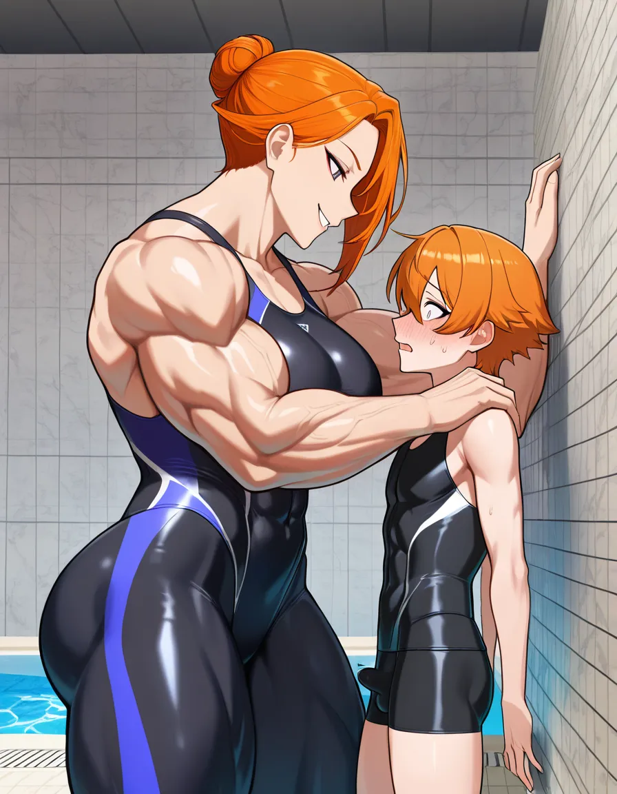 Giant muscular_female, short petite adult male, extreme size_difference, height_difference, female orange_hair short_hair hair_bun, tight_clothes swimwear, pool, cornered male pinned against_wall, assertive_female, intimate, dominant female looking_at_another, hand_on_another's_shoulder,  teasing, nervous male looking_up , male black medium_hair, female abs, female big biceps, female big shoulders, female thick_thighs, female huge_ass, female wide_hips, huge_breasts, gigantic tall female, female bulging muscles, male bulge, male narrow_waist, lightweight male, domination, eye_contact, hentai_studio_quality