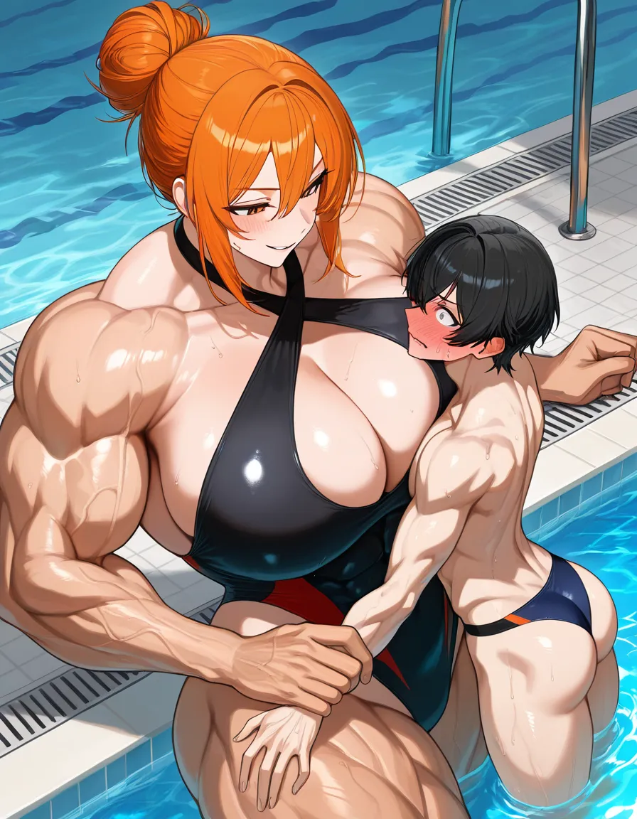 Giant muscular_female, short petite adult male, extreme size_difference, height_difference, female orange_hair short_hair hair_bun, swimwear, pool, cornered male pinned against_wall, assertive_female, intimate, dominant female looking_at_another, male hands_up, teasing, nervous blush male looking_up , male black medium_hair, female abs, female big biceps, female big shoulders, female thick_thighs, female huge_ass, female wide_hips, huge_breasts, gigantic tall female, female bikini, hard nipples, male bulge, male narrow_waist, lightweight male, domination, eye_contact, hentai_studio_quality