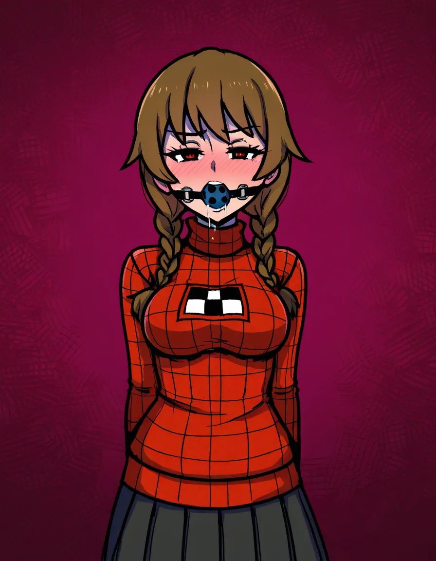 /ultra_detailed, #akairiot_artstyle, @madotsuki, yume_nikki, 1girl, solo, aged_up, medium_breasts, brown_hair, twin_braids, blush, ball_gag, saliva, drooling, naughty_face, print_sweater, checkered_sweater, pleated_skirt, arms_behind_back, bound_wrists, rope, legs, full_body, standing, looking_at_viewer, from_side, hentai_studio_quality