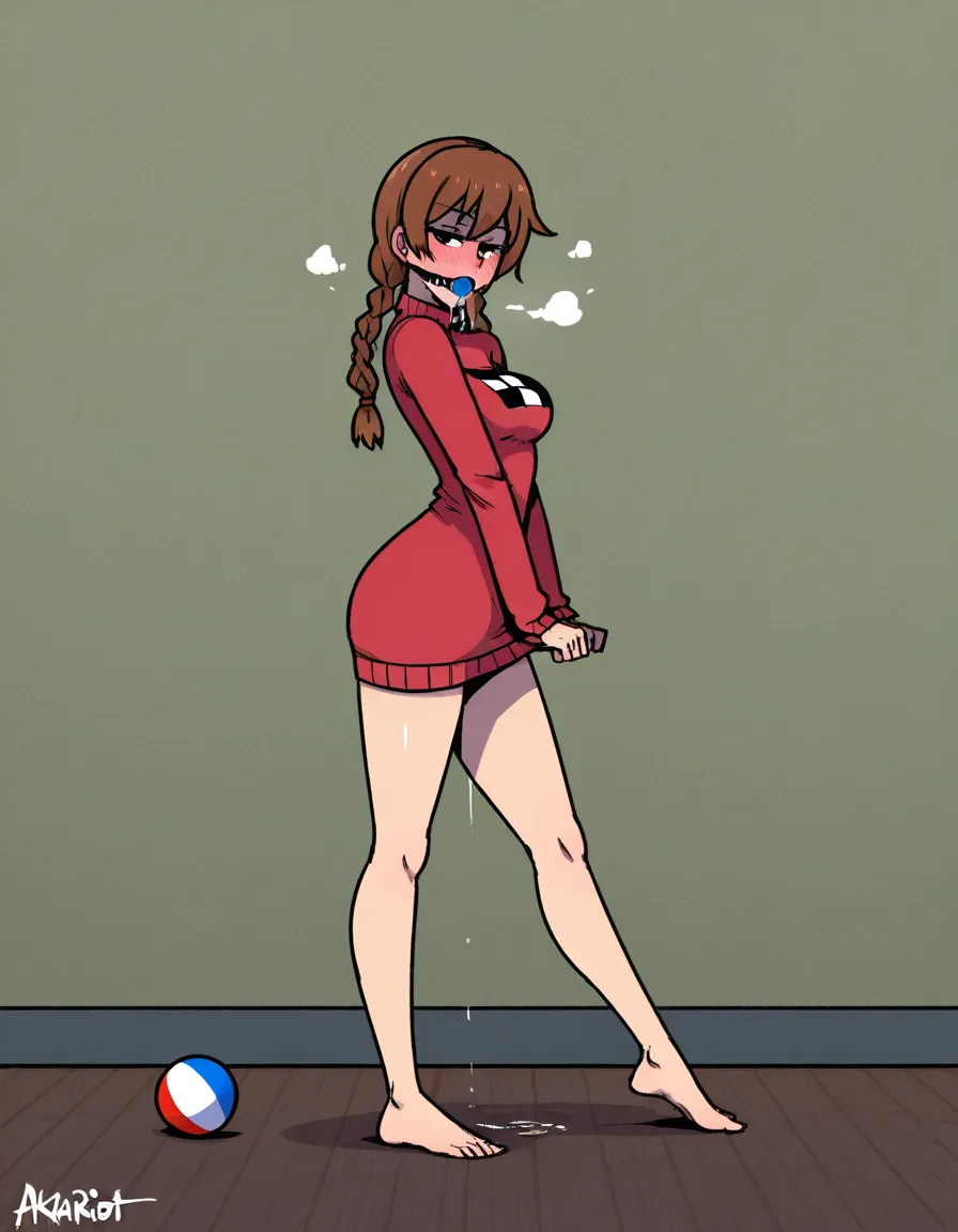 /ultra_detailed, #akairiot_artstyle, @madotsuki, yume_nikki, 1girl, solo, aged_up, medium_breasts, brown_hair, twin_braids, blush, ball_gag, saliva, drooling, naughty_face, legs, full_body, standing, from_side, print_sweater, checkered_sweater, pleated_skirt, arms_behind_back, bound_wrists, handcuffs, handcuffed, hentai_studio_quality