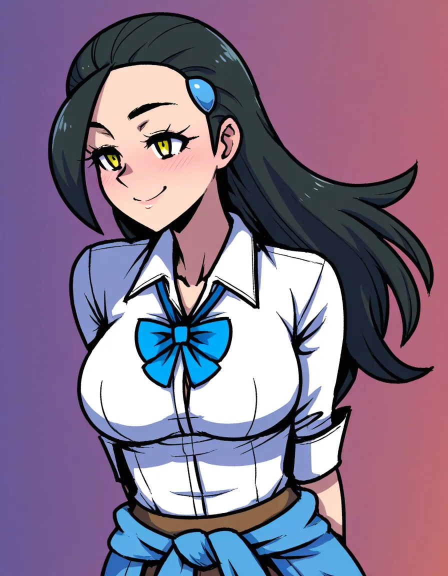 #akairiot_artstyle, @candice_(pokemon), pokemon, 1girl, solo, yellow_eyes, large_breasts, black_hair, hair_down, blush, smile, blue_bowtie, collared_shirt, blue_sweater, sweater_around_waist, white_shirt, brown_skirt, lifting_own_clothes, skirt_lift, ass, no_panties, full_body, standing, looking_back, from_behind, hentai_studio_quality
