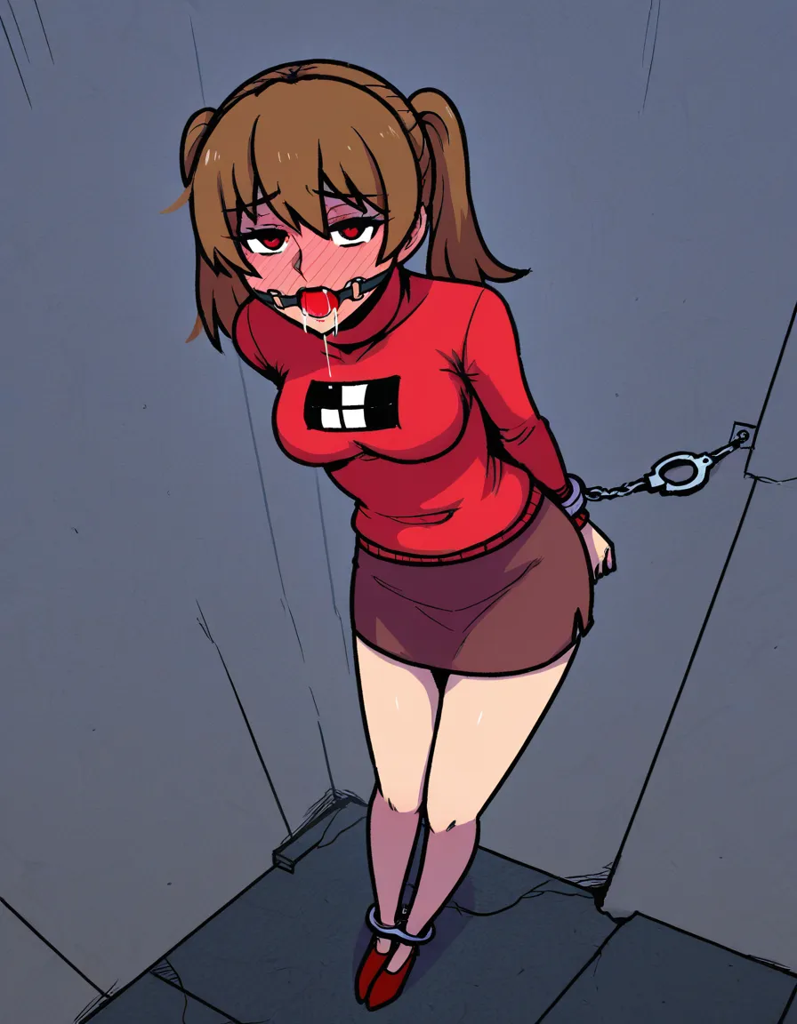 #akairiot_artstyle, @madotsuki, yume_nikki, 1girl, solo, aged_up, twintails, full-face_blush, naughty_face, medium_breasts, ball_gag, saliva, drooling, arms_behind_back, bound_wrists, handcuffs, sweater, skirt, full_body, standing, looking_back, from_behind, hentai_studio_quality