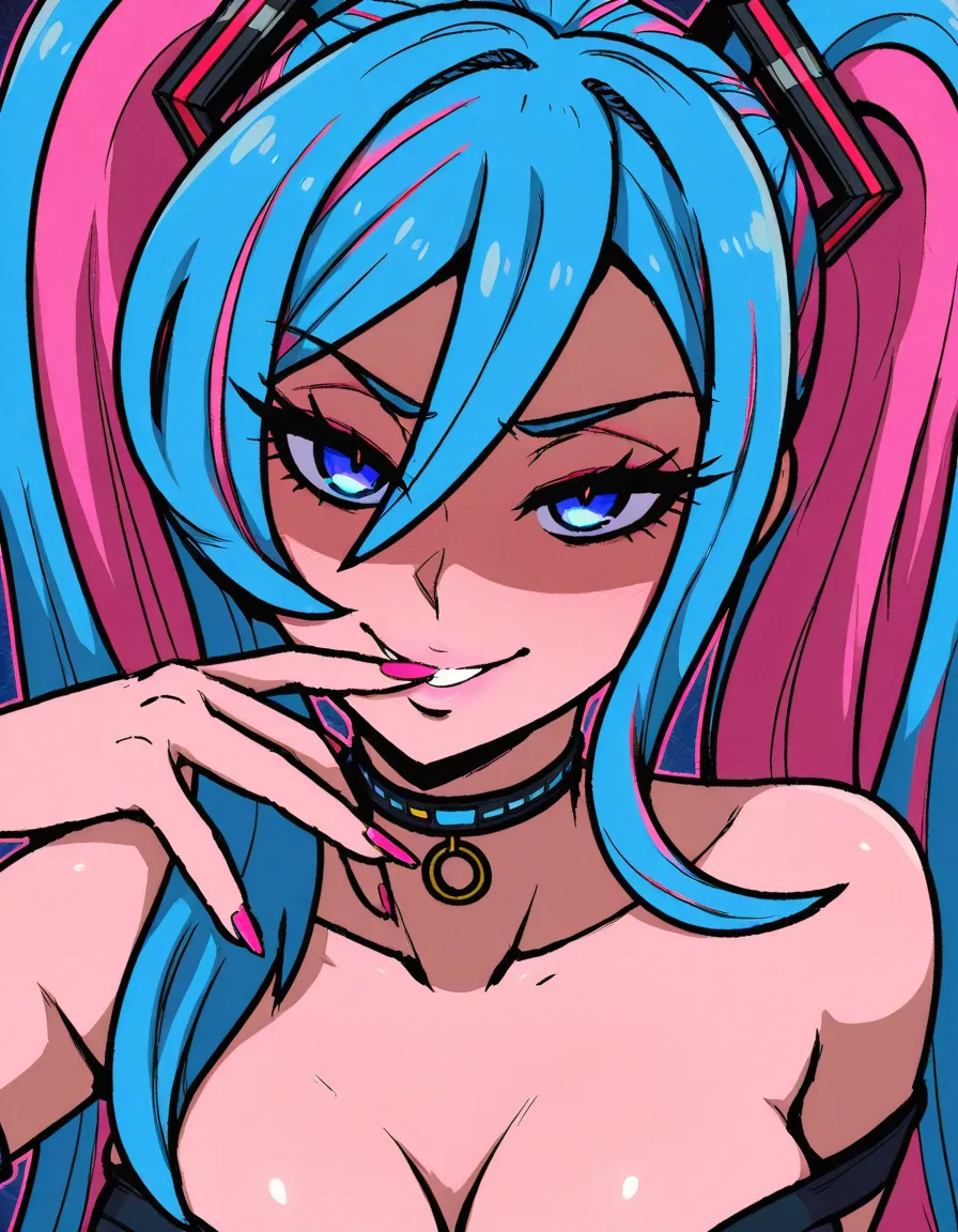 #akairiot_artstyle, @fairy_miku_(project_voltage), project_voltage, vocaloid, pokemon, 1girl, solo, naughty_face, very_long_hair, multicolored_hair, two-tone_hair, blue_hair, pink_hair, long_twintails, blue_eyes, pink_nails, blue_skirt, pink_sweater, white_neckerchief, lifting_own_clothes, skirt_lift, no_panties, ass, full_body, standing, from_behind, hentai_studio_quality