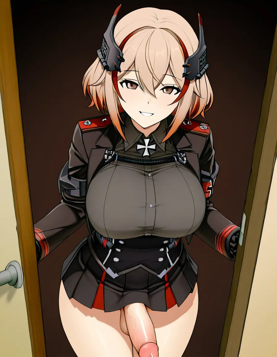 anime_style best_quality detailed_lighting detailed_shading uncensored absurdres masterpiece 1girl roon_(azur_lane) solo facing_viewer doorway brown_background brown_eyes crazy_eyes grin black_jacket black_skirt thick_thighs futanari erection_under_skirt large_penis precum, hentai_studio_quality