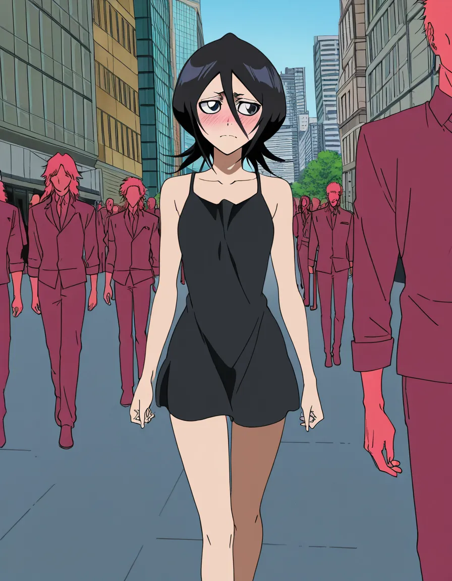 kuchiki rukia, tite kubo colorized manga style, bleach, blushing profusely, public, naked, city, nervous, walking with people staring, (anime style:1.3), 2d, anime screencap, cel shading, flat color, @00osamio00