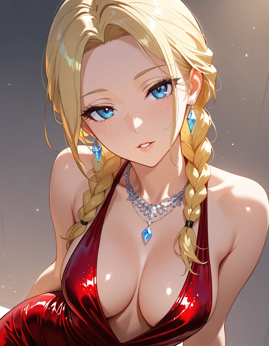 masterpiece, best quality, very aesthetic, very awa, 

1girl, elegant, seductive, blue eyes, freckles, parted lips, blonde hair, low twin braids, parted hair, (medium breasts), plunging neckline, cleavage, sideboob, diamond earrings, diamond necklace, elegant red dress, silk dress, shiny dress, bare shoulders, seductive, BREAK,

low angle, riding up skirt, flashing pussy, holding up a glass of champagne, looking at viewer seductively, 

outdoors, balcony, nighttime, city lights, overlooking a lake, mountains, swiss alps in the background, fireworks,, (anime style:1.3), 2d, anime screencap, cel shading, flat color