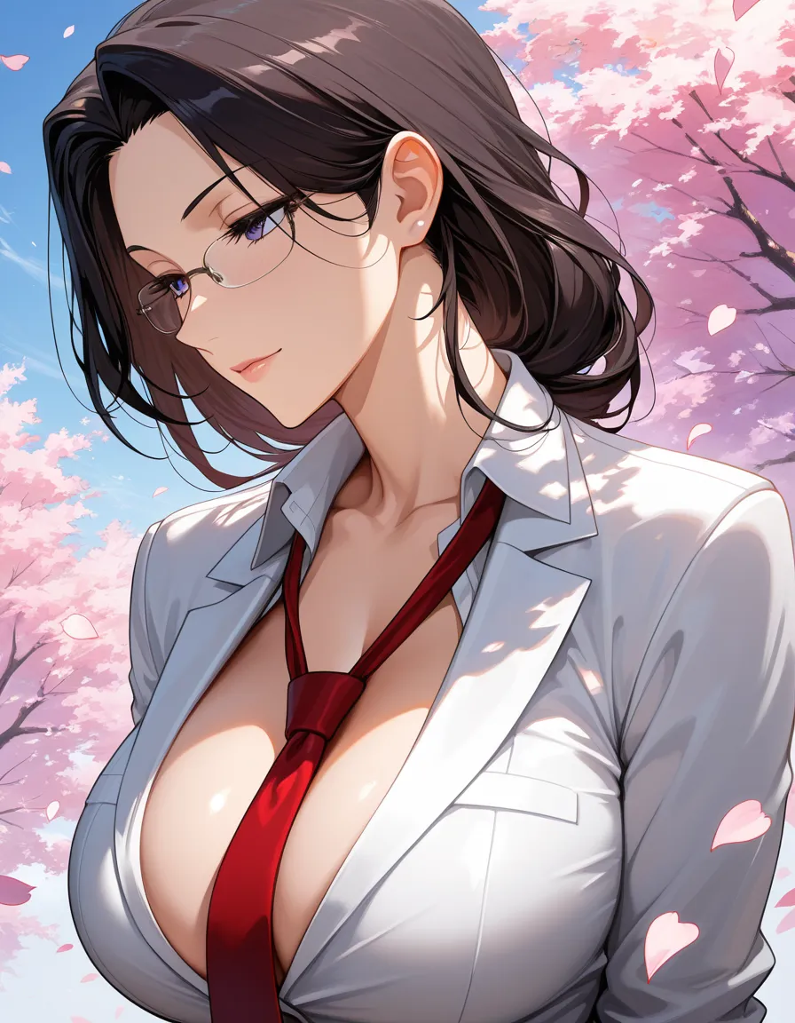 masterpiece, fine detail, mature female, cleavage, necktie, futanari, petals, relaxed mood, detailed shading, hentai_studio_quality