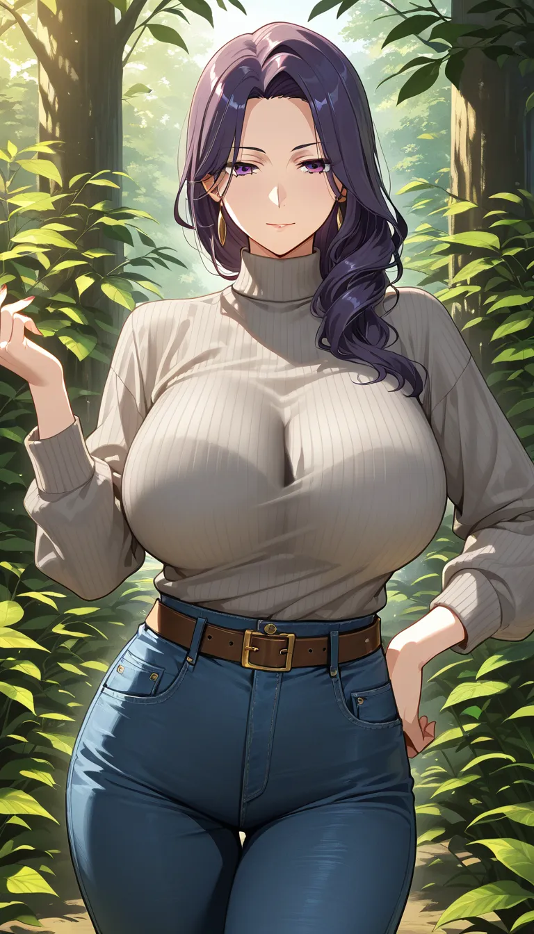 ultra detailed shading, mature female, hand on own hip, belt, titfuck, leaf, visual novel art