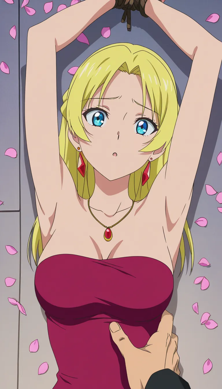 absurdres, highres, solo focus, bare shoulders, jewelry, bondage, petals, playful expression, anime style, (anime style:1.3), 2d, anime screencap, cel shading, flat color