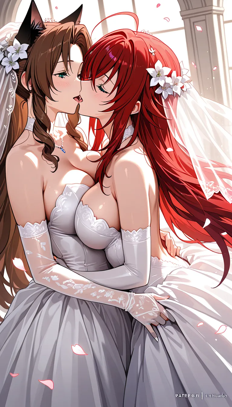 @aerith_gainsborough kiss @rias_gremory futanari, bridal_veil, petals, wedding_dress, hair_flower, cat_ears