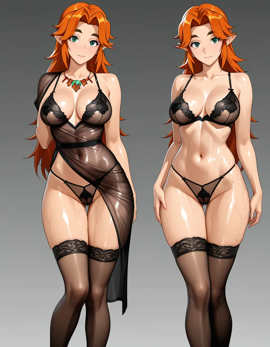 adult Malon, medium breasts, revealing black lingerie, highres, vivid, mature female, presenting, transparent background, doujin style, closed_mouth, wet_clothes, hentai_studio_quality