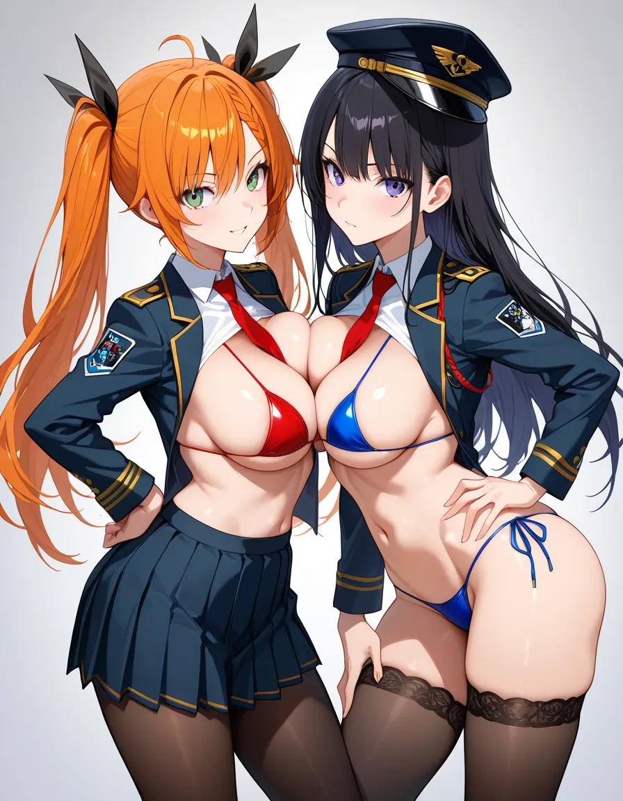 highres, vivid, 2girls, school_uniform symmetrical_docking military_uniform micro_bikini, hentai_studio_quality