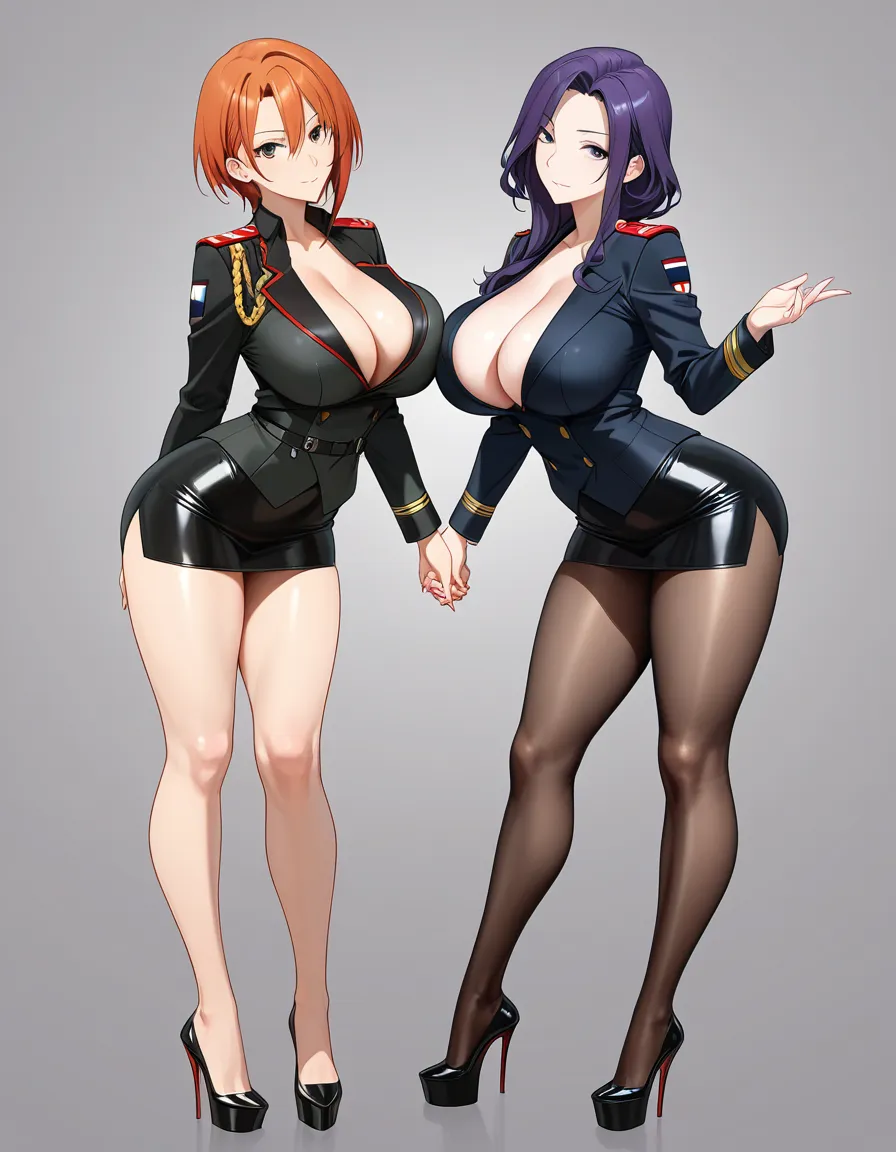 highres, 2girls, asymmetrical_docking military_uniform, hentai_studio_quality holding_hands mature_female, hentai_studio_quality tight_clothes miniskirt platform_footwear large_breasts cleavage, hentai_studio_quality