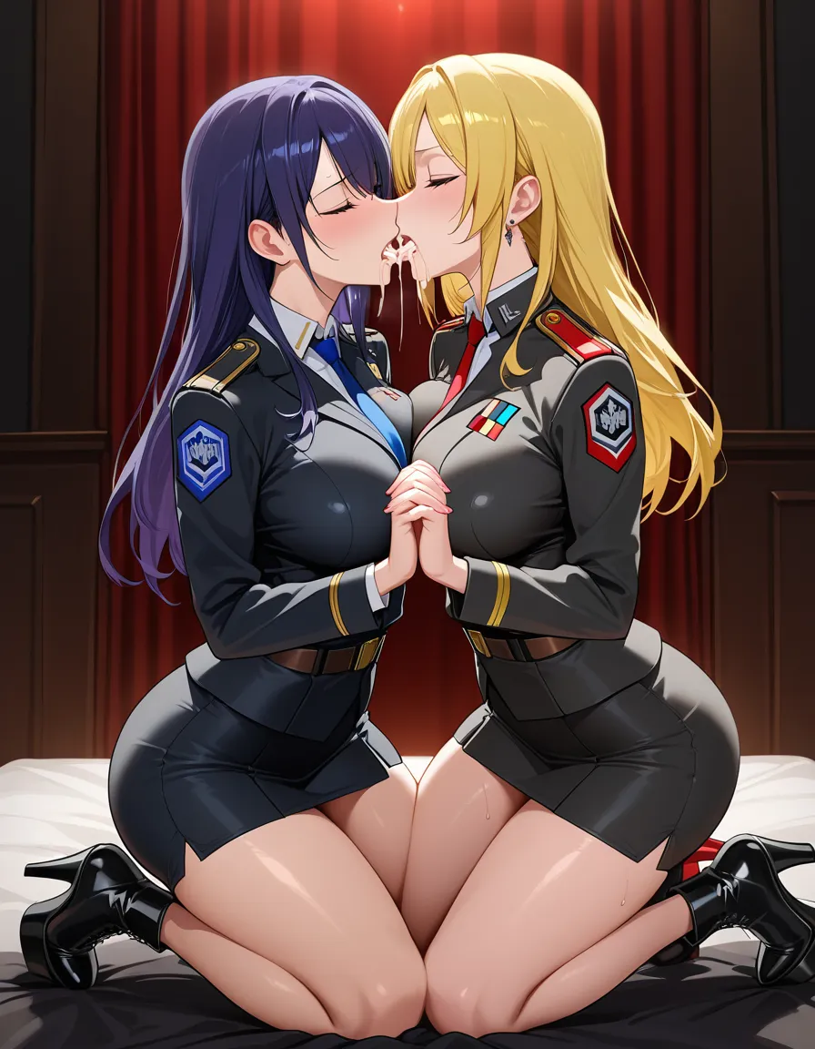 highres, vivid, 2girls, asymmetrical_docking military_uniform, hentai_studio_quality imminent_kiss holding_hands mature_female, cum_in_mouth platform_footwear, hentai_studio_quality