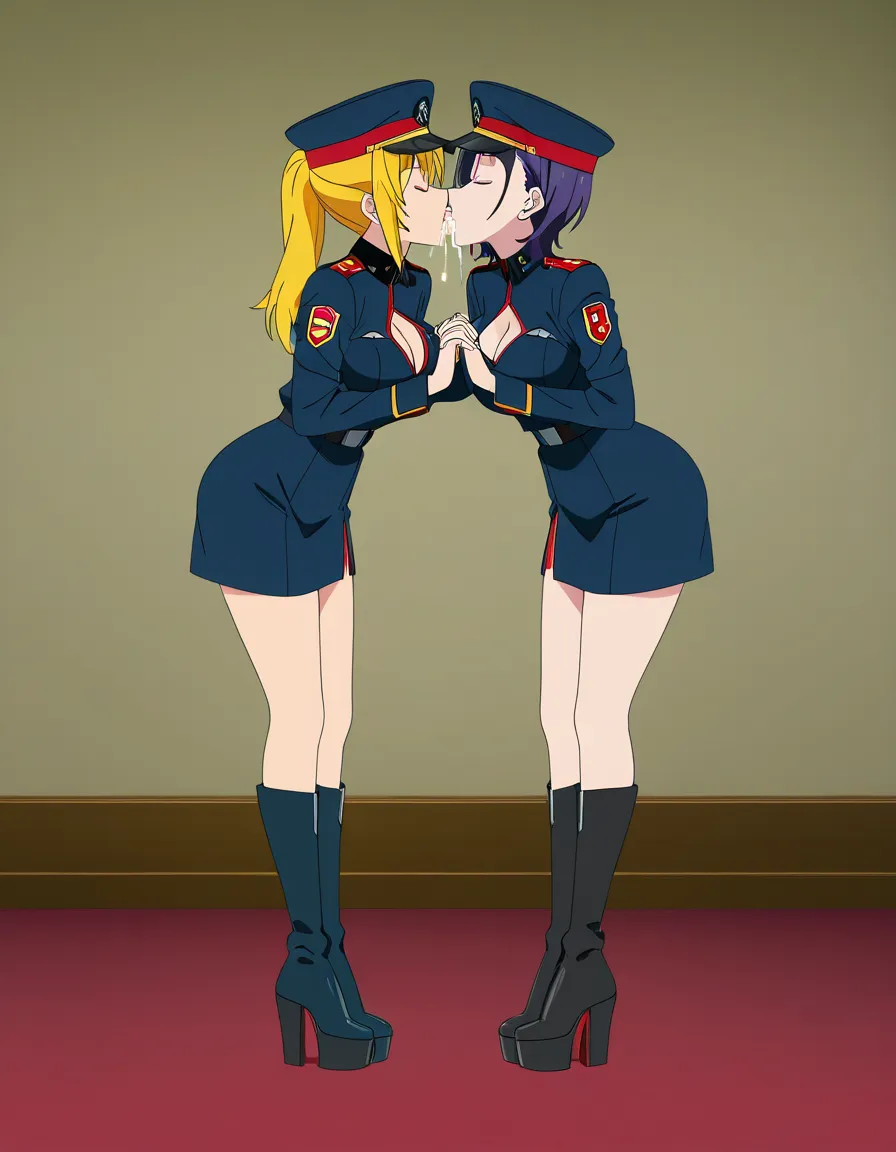 highres, vivid, 2girls, asymmetrical_docking military_uniform, hentai_studio_quality imminent_kiss holding_hands mature_female, cum_in_mouth platform_footwear, cleavage military_hat, wide_shot,, (anime style:1.3), 2d, anime screencap, cel shading, flat color