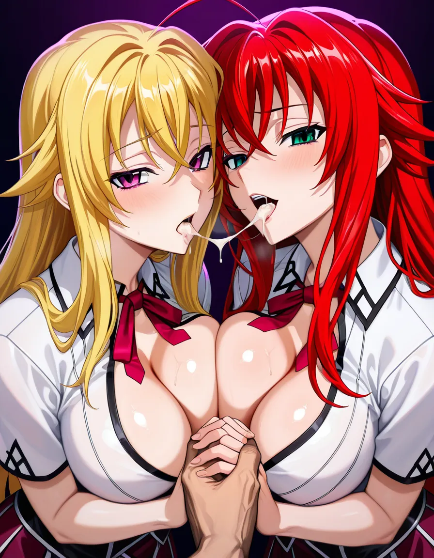 highres, vivid, 2girls, imminent_kiss holding_hands, breast_press, akeno_himejima_dxd, rias_gremory_dxd, cleavage, looking_at_viewer, school_uniform highschool_dxd, cum_in_mouth, naughty_face, hentai_studio_quality