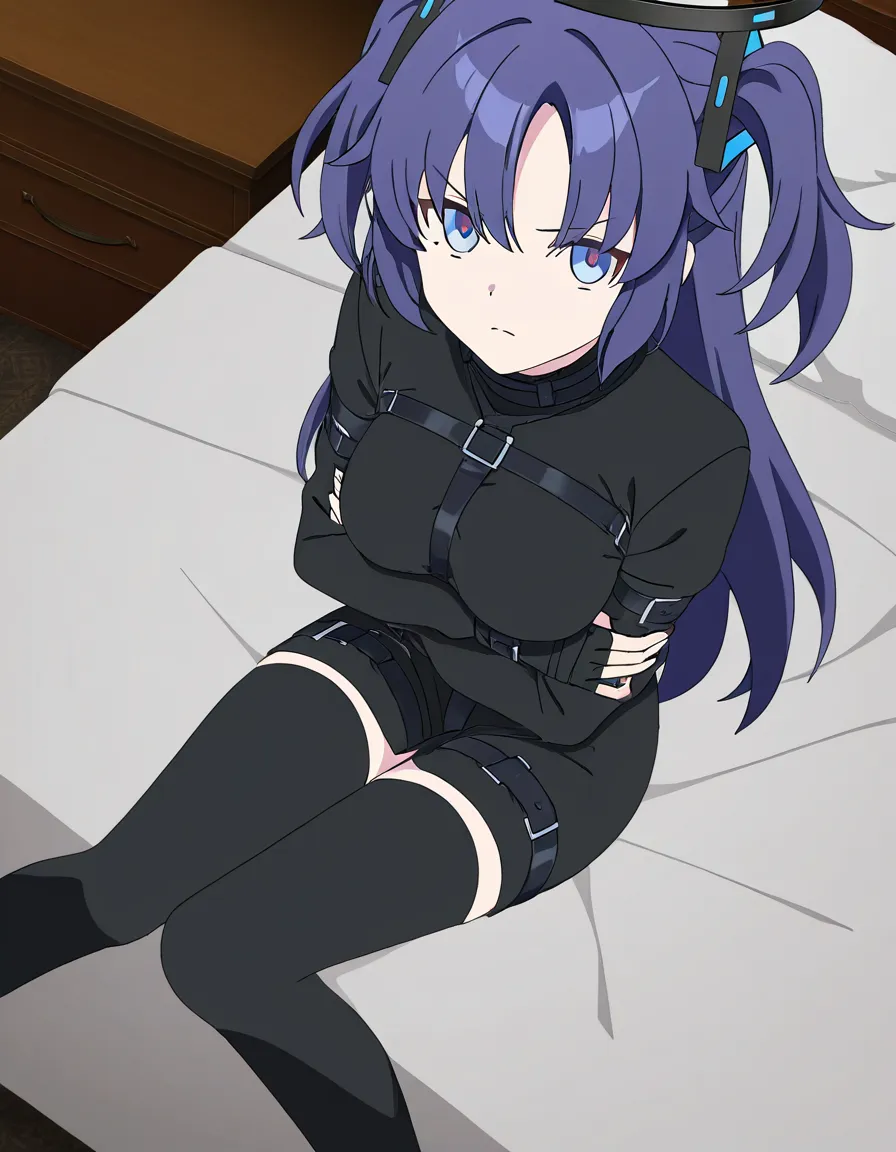 looking_at_viewer @yuuka_(blue_archive) sitting bed bedroom , straitjacket , restrained arm under breast black_thighhighs #1girl (anime style:1.3), 2d, anime screencap, cel shading, flat color, (anime style:1.3), 2d, anime screencap, cel shading, flat color, (anime style:1.3), 2d, anime screencap, cel shading, flat color