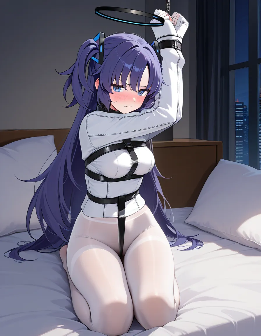 @yuuka_(blue_archive) #bedroom #seiza #1girl #blush #pillow #night #white_pantyhose #straitjacket #arm_under_breasts #bound_legs, hentai_studio_quality