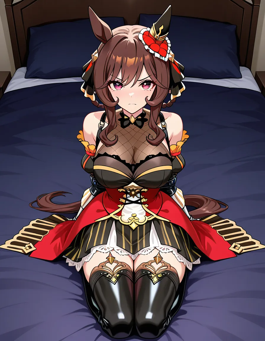 @gentildonna_(umamusume), bedroom seiza on_bed leather_armbinder looking_at_viewer annoyed restrained bondage, hentai_studio_quality