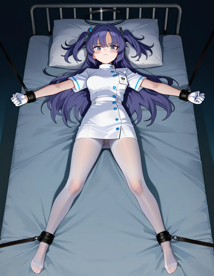 high angle shot, full body view.
 
yuuka (blue archive), wearing white nurse outfit, with white gloves and long white pantyhose, with annoyed expresion, spread eagle pose,  ((no hair accessories)).

Hospital bed, lying on back, lying on bed with white pillow, dark room with dim light.

 bondage, restrained, right hand is restrained with white belt that connected to the right top corner of the bed, left hand is restrained with white belt that connected to left top corner of the bed, right leg restrained using belt attached to right bottom corner of the bed, left leg restrained using belt attached to left bottom corner of the bed., hentai_studio_quality, hentai_studio_quality