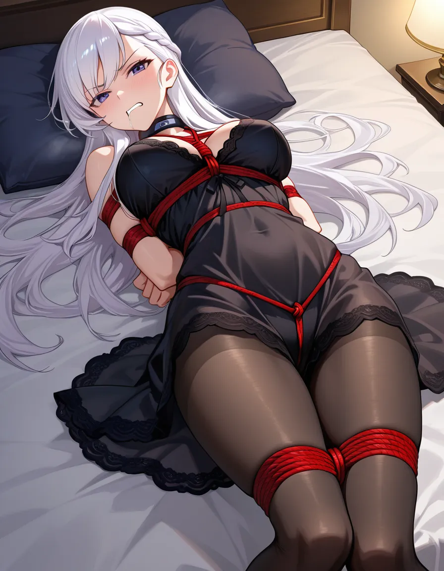 belfast_(azur_lane) bedroom pillow lying on bed, black_nightgown, black pantyhose, bondage shibari_over_clothes bound_arms ball_gag drooling annoyed, from_front, hentai_studio_quality