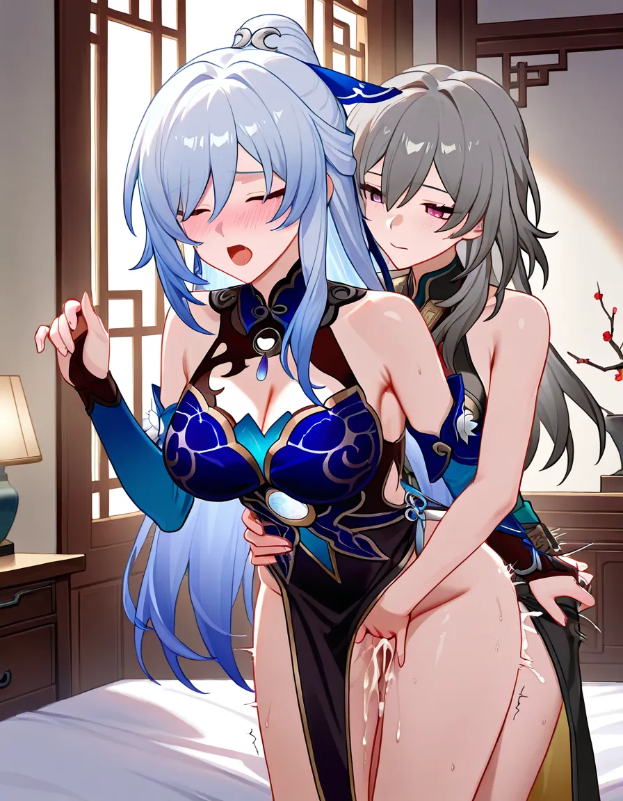 2 girls yuri sex , futa @stelle_(honkai:_star_rail) is fuking and fingering @jingliu_(honkai:_star_rail) while shes moaning and blushing , both are using a china_dress , unlit bedroom, cum_in_pussy , sex_from_behind, hentai_studio_quality, hentai_studio_quality, hentai_studio_quality