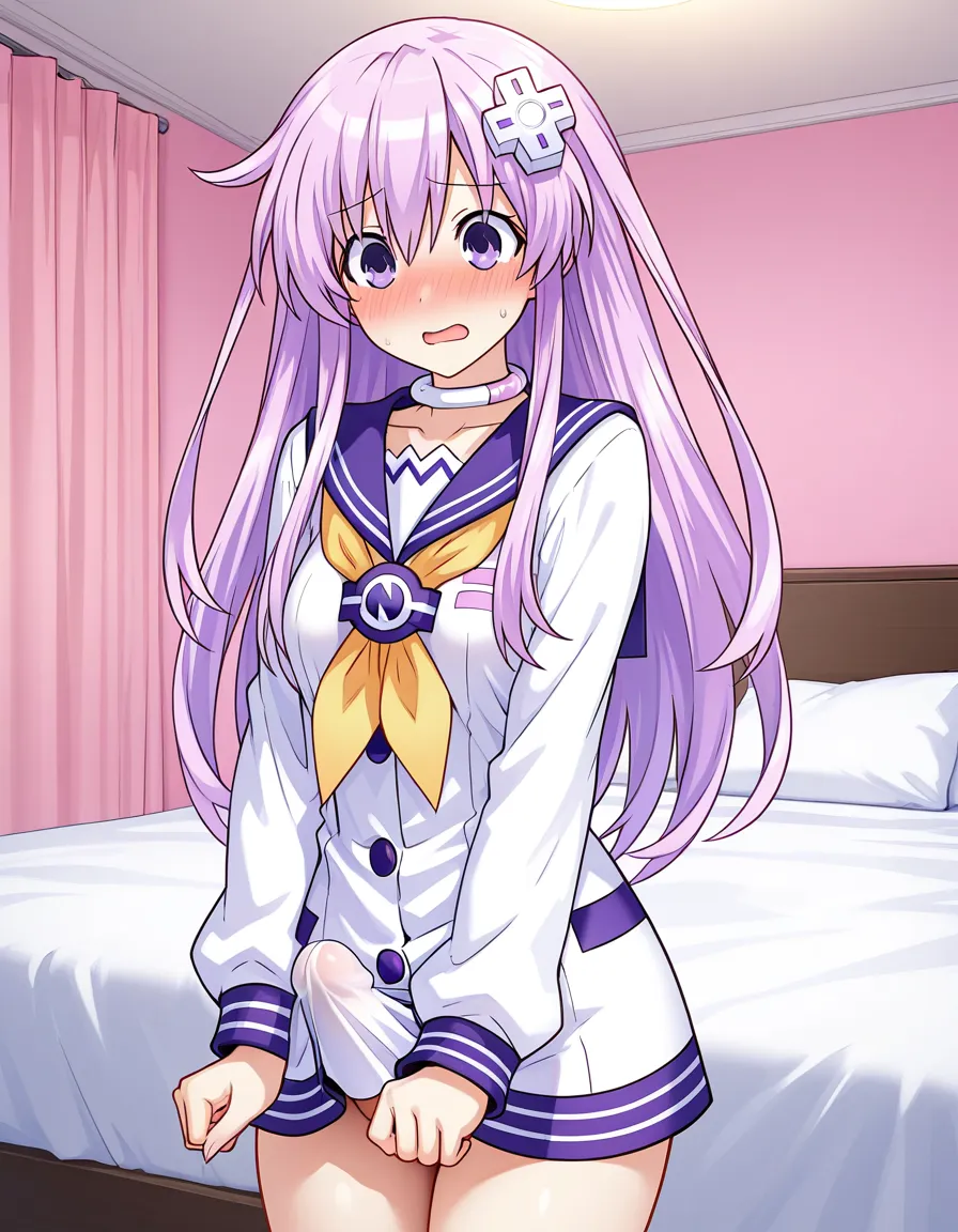 @nepgear, detailed shading, masterpiece, futanari, embarrassed, erection_under_clothes, bedroom, hentai_studio_quality