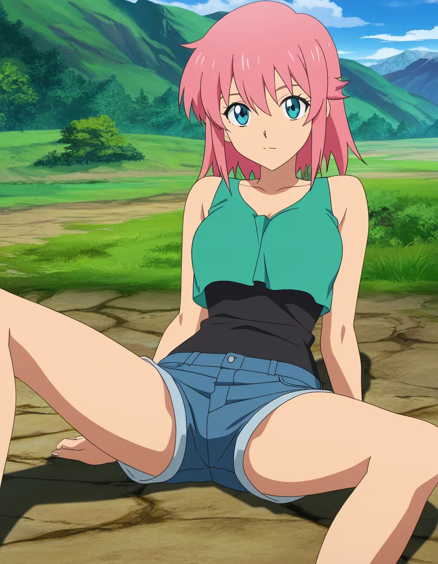 ultra detailed, pink haired, lean anime twink, spread legs, outdoors, anime style, (anime style:1.3), 2d, anime screencap, cel shading, flat color