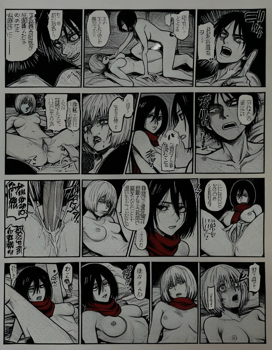 manga page, multiple panels, black and white, screentone shading, Mikasa Ackerman crying while getting roughly fucked by Armin, red scarf, short black hair, on her back legs spread, Armin pinning her down, dirty talk text bubbles "You're my cumdump now", "Eren can't save you", "Beg for more you NTR slut", rough sex, creampie, tears, ahegao face, sweat, detailed, doujinshi style, masterpiece, (anime style:1.3), 2d, anime screencap, cel shading, flat color, @00osamio00