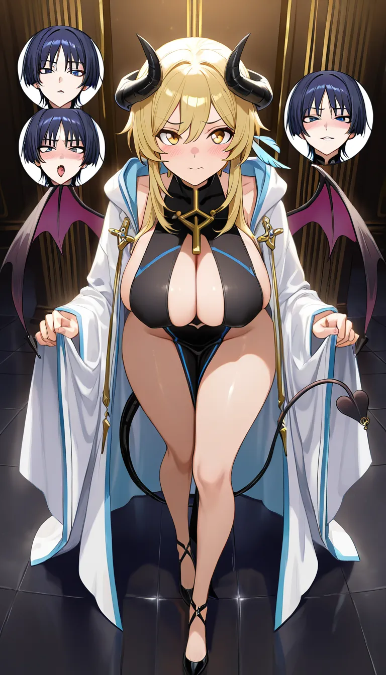 Masterpiece, 18+, both Scaramouche and Lumine fully visible together, no solo, Scaramouche is male, Scaramouche fucking Lumine, both faces clear with lewd expressions, Scaramouche as priest in clerical robes, Lumine as succubus with horns, wings and tail, penetration, hentai_studio_quality, hentai_studio_quality
