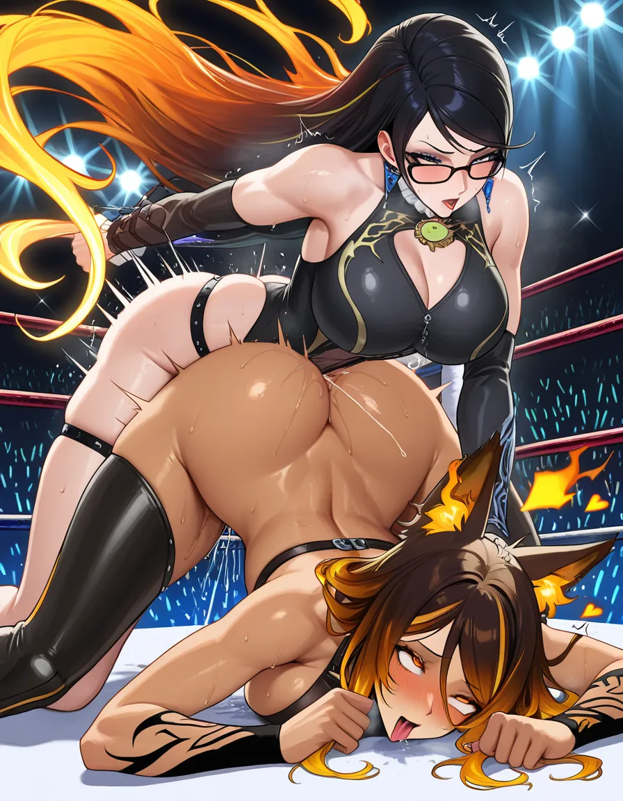 2girls yuri sex , @bayonetta , sinder_(vtuber) ,,wrestling_ring , strapon , pussy_juice , orgasm, cumming , ahegao, on_stomach pronebone headlock, hentai_studio_quality