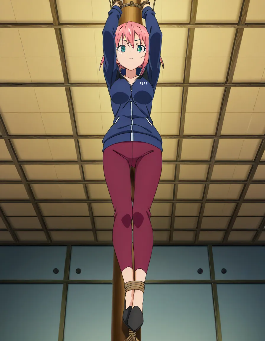 ultra detailed,masterpiece,best quality,hentai_studio_quality, (anime style:1.3), 2d, anime screencap, cute_normal_human_girl,high quality,score_7, newest, official art,full_body, hands_above_head, bondage, tied_to_ceiling, dangling_from_ceiling, nude,, hentai_studio_quality