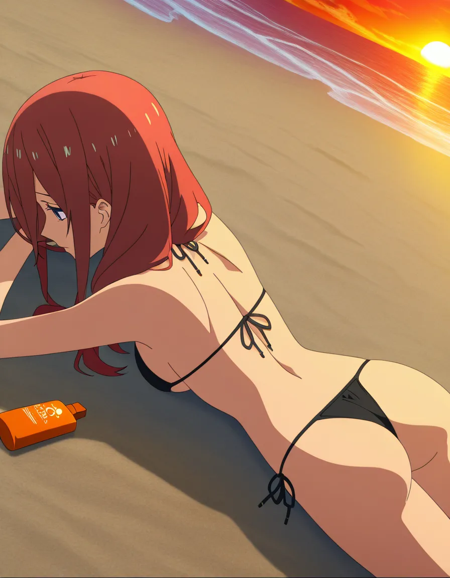 highly detailed, sharp, 1girl, swimsuit, hentai style @nakano_miku, black micro_bikini, beach, sunscreen bottle, sunset, (anime style:1.3), 2d, anime screencap, cel shading, flat color, solo, solo_focus, lying, on_stomach, looking_to_the_side, from_above, from_side dynamic_angle, (anime style:1.3), 2d, anime screencap, cel shading, flat color