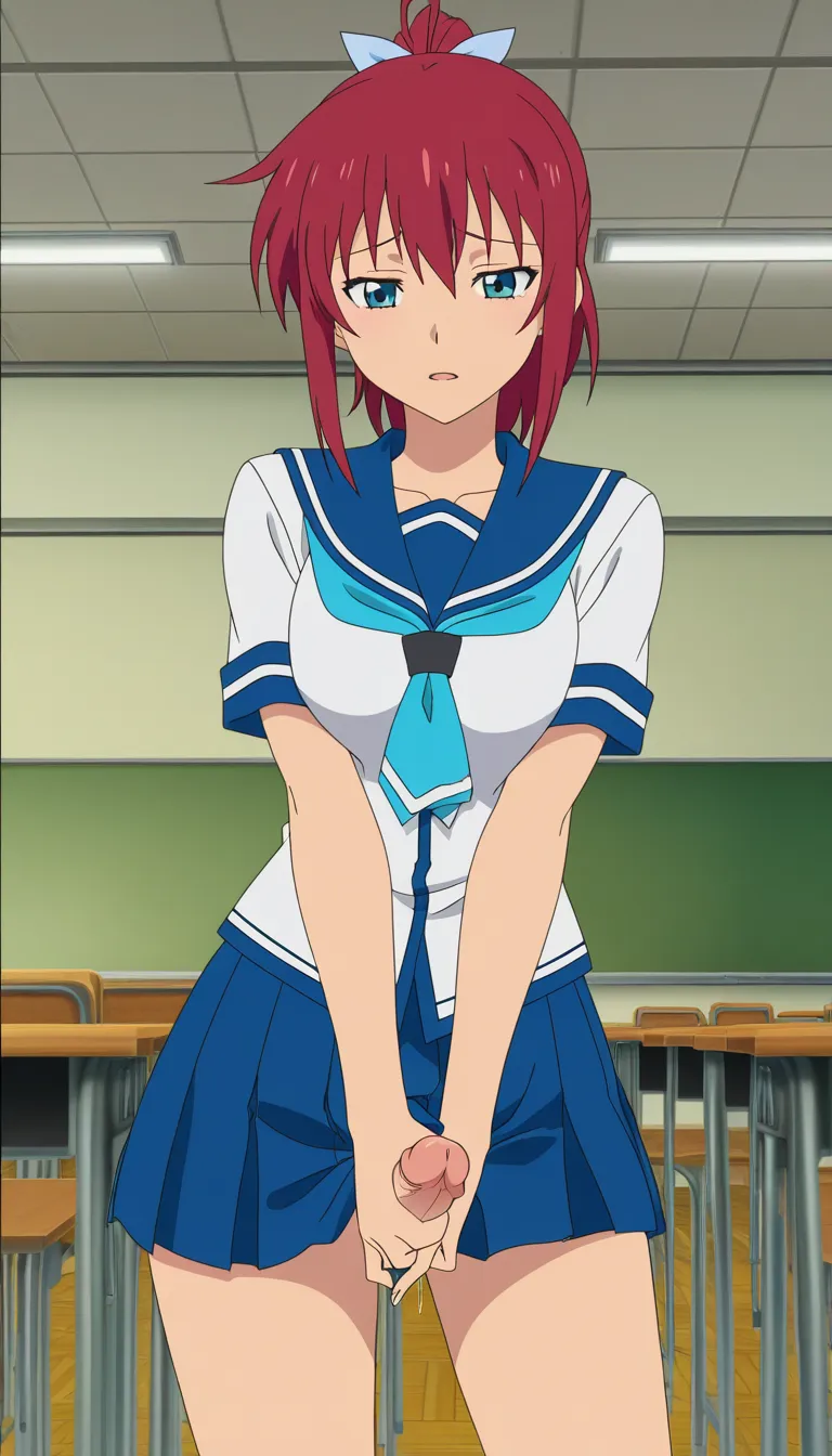 school_uniform, classroom , futanari , masturbation presenting,, (anime style:1.3), 2d, anime screencap, cel shading, flat color