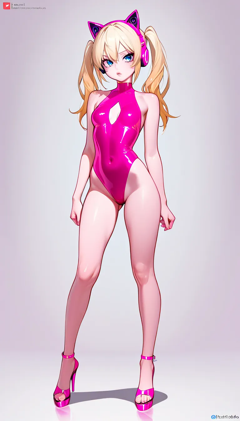 Studio quality, 8k, uhd, sharp focus, Masterpiece highly detailed, slim and short narrow_waist blonde girl with long twintails, pink headphones in a shape of Cat ears, tight revealing on Tiny strings pink monokini, open toe pink heels, peach skin, blue eyes, thin puffy lips, Getting fucked in the pussy from_behind by big fat male human naked, standing sex, bent_over, big male, on the beach,